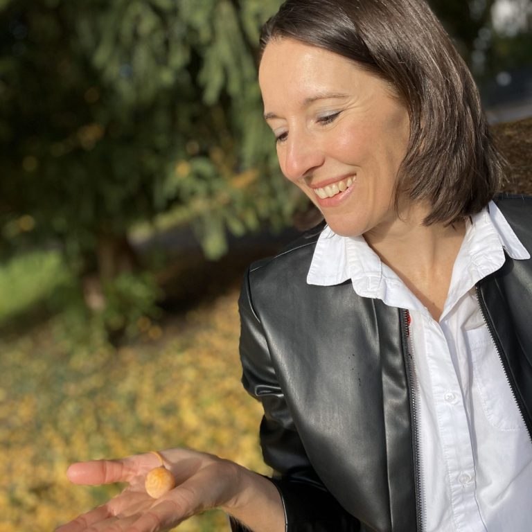 Über mich Inhaberin betrachtet eine reife Gingko-Frucht in ihrer Hand.